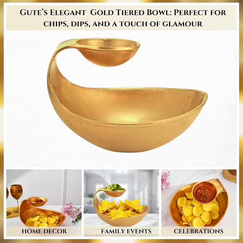 Gute Chip and Dip Serving Bowl Gold Brass Tiered Snack, Candy & Salad Bowl Decorative Centerpiece Serving Platter for Nuts, Chip and Dip, Salsas, Food Tray, Serveware Home Decor Gift Entertaining 1PC - Image 2
